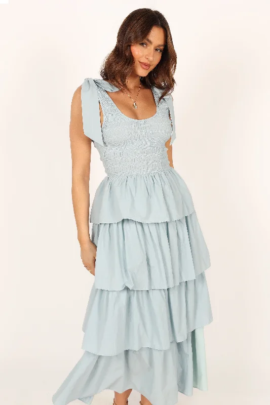 ladies-maxi-dress-sweeping-train-Raphael Tiered Maxi Dress - Blue