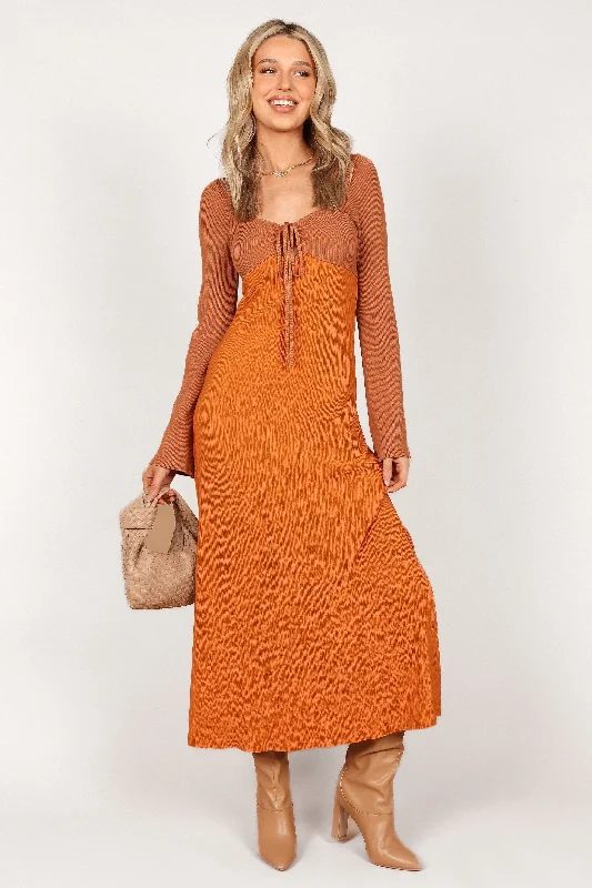 ladies-maxi-dress-petite-sway-Lirique Long Sleeve Maxi Dress - Tan/Orange