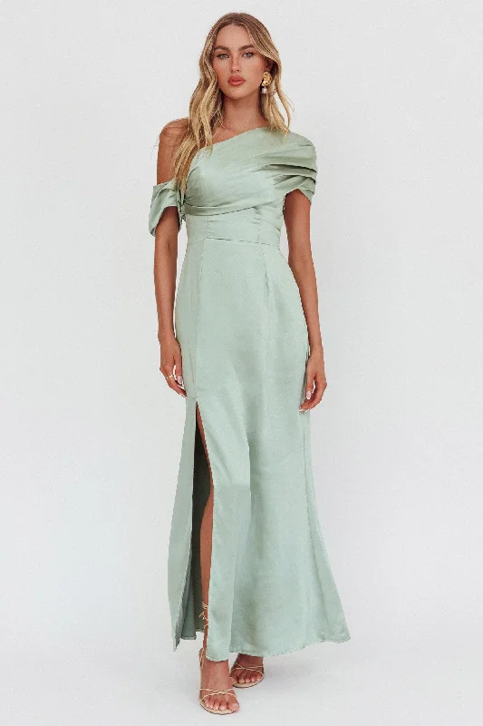 ladies-maxi-dress-draped-flow-Bellissima Asymmetric Shoulder Maxi Dress Sage