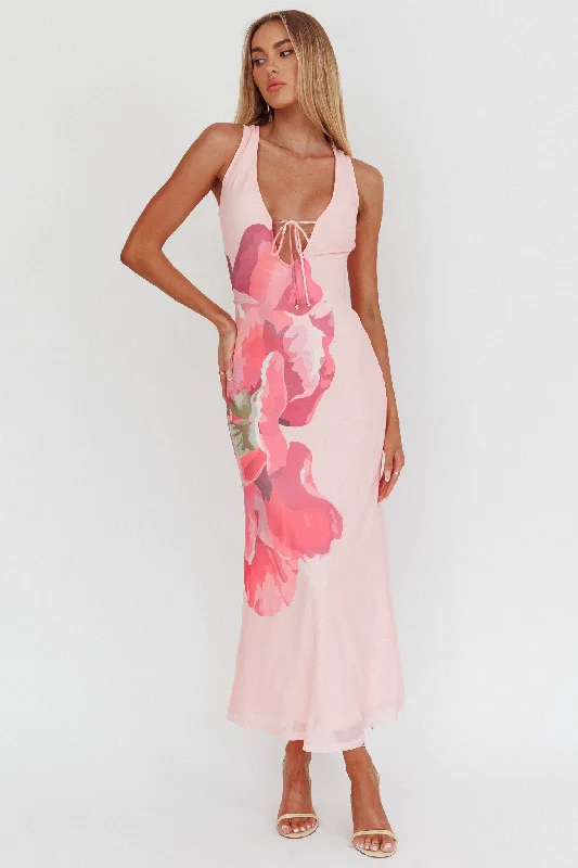 ladies-maxi-dress-chartreuse-sweep-Cinders Tied Plunging Neckline Maxi Dress Flower Pink