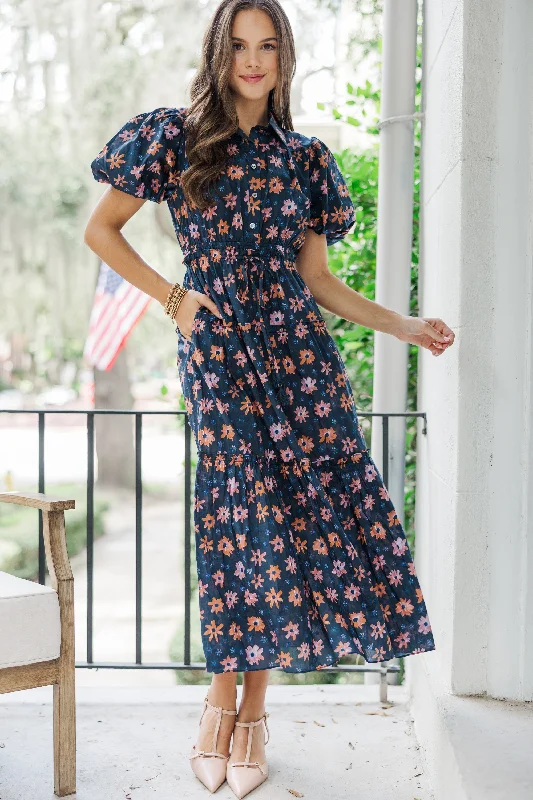 Women's floral dress floor length -Pinch: Looking Your Way Navy Blue Floral Midi Dress