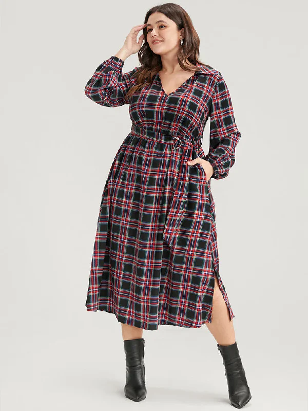 Women's midi dress brunch -Tartan Lantern Sleeve Pocket Belted Midi Dress