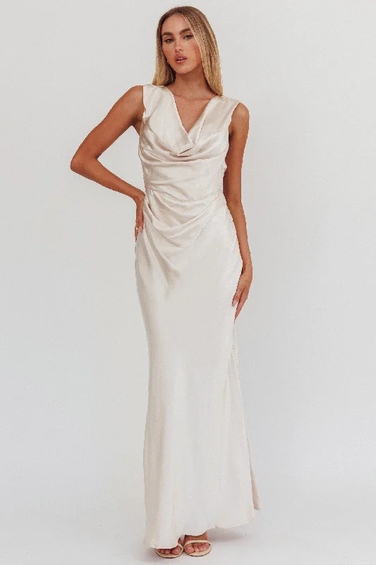 ladies-maxi-dress-lemon-sweep-Chills Cowl Neck Satin Maxi Dress Champagne