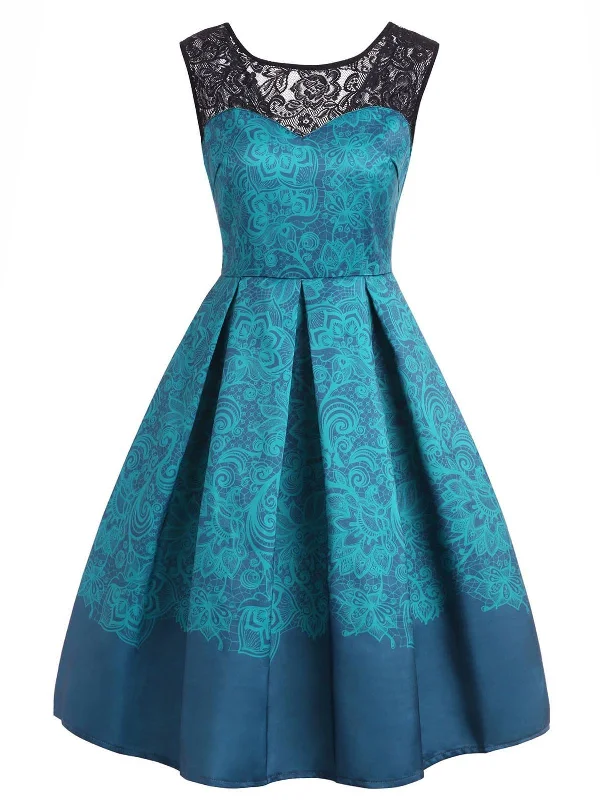 Women's floral dress bodycon -Blue 1950s Floral Sweetheart Swing Dress