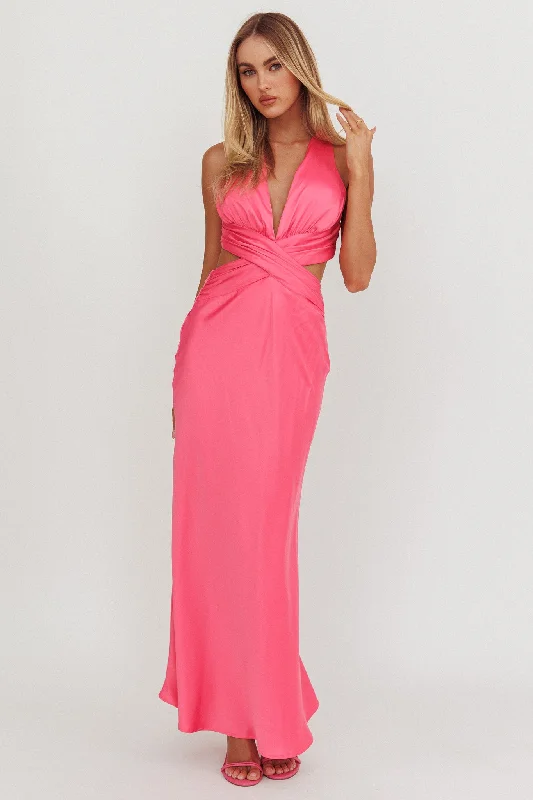 ladies-maxi-dress-cotton-comfort-On And On Crossover Cut-Out Maxi Dress Hot Pink